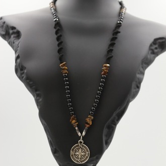 Handmade Men's Natural Stone Necklace – Tiger's Eye with Compass Pendant, Unique & Spe