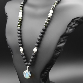 Handmade Volcanic Stone Necklace with 'Bird Claw' Pendant & Opalite – Ethnic Amulet