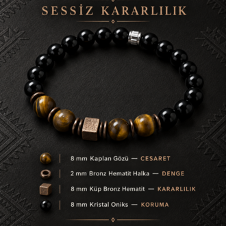 MagicGrange Erkek Doğal Taş Bileklik 8 mm Kaplan Gözü Kristal Oniks Bronz Hematit Küp Detaylı