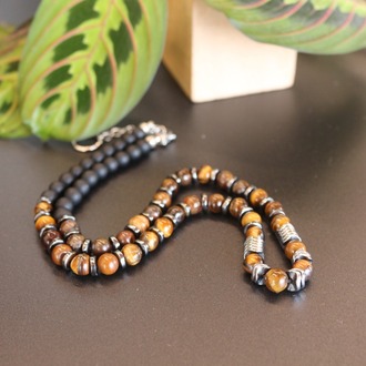 Tiger's Eye, Hematite, and Black Onyx Necklace, Unique Handmade Necklace
