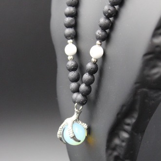 Handmade Volcanic Stone Necklace with 'Bird Claw' Pendant & Opalite – Ethnic Amulet