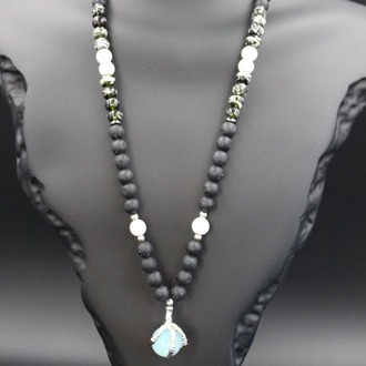 Handmade Volcanic Stone Necklace with 'Bird Claw' Pendant & Opalite – Ethnic Amulet