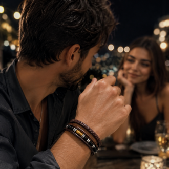 Erkek Deri Bileklik, Kaplan Gözü ve 3 mm Siyah Oniks Doğal Taşlı, Hematit Detaylı,