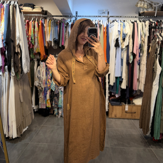 Oversize Kapsonlu Keten Elbise