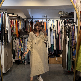 Oversize Kapsonlu Keten Elbise