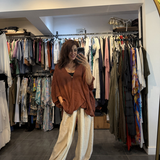Tek Dugmeli Keten Bluz Oversize