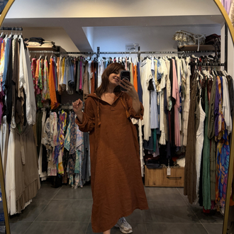 Oversize Kapsonlu Keten Elbise