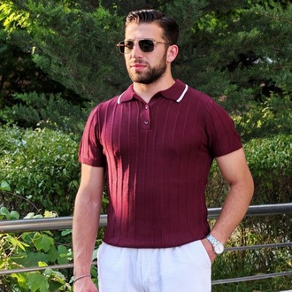 Premium Siyah Polo Yaka Fitilli Triko-Bordo