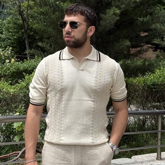 Premium Polo Yaka Örgü Desenli Triko-Bej