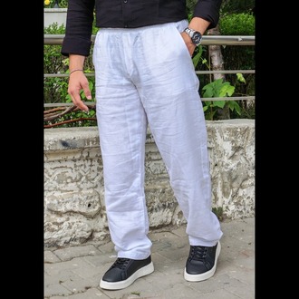 Baggy Yazlık Keten Pantolon-Beyaz