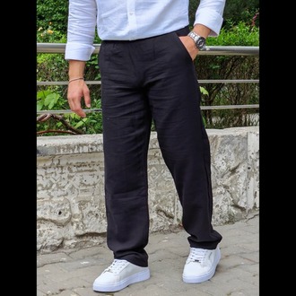 Baggy Yazlık Keten Pantolon-Siyah