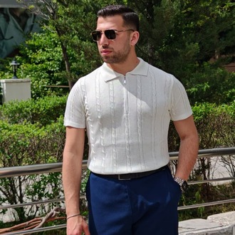 Örgü Desenli Polo Yaka Triko-Beyaz