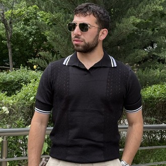Premium Polo Yaka Örgü Desenli Triko-Siyah