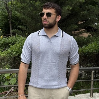 Premium Polo Yaka Örgü Desenli Triko-Gri