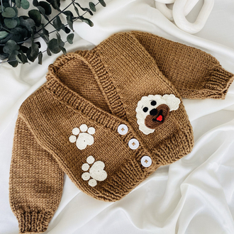 Köpek Figürlü El Örgüsü Bebek Hırkası – Puppy Desenli