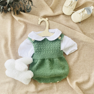 Cove Koleksiyonu Ada Yeşili El Örgüsü Bebek Takım – Hırka ve Tulum Set