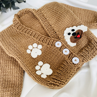 Köpek Figürlü El Örgüsü Bebek Hırkası – Puppy Desenli