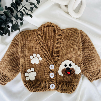 Köpek Figürlü El Örgüsü Bebek Hırkası – Puppy Desenli