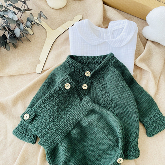 Cove Koleksiyonu Yeşil El Örgüsü Bebek Takımı – Hırka ve Salopet Set