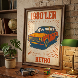 1980'ler Retro Klasik Araba Dijital Poster - Nostaljik Duvar Dekoru A4 PNG (İndirilebilir Ürün)