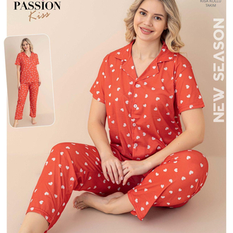 Kırmızı kalpli pijama takımı