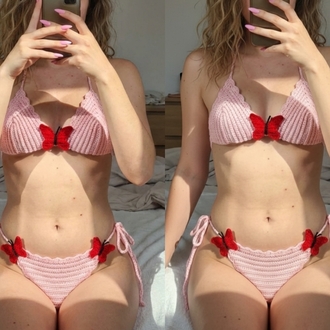  El Örgüsü Kelebek Detaylı Crochet Bikini Takımı - Pembe