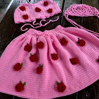 3D Güllü Pembe Örgü Crop ve Mini Etek Takım & File Yazlık Şapka Seti