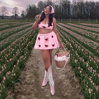3D Güllü Pembe Örgü Crop ve Mini Etek Takım & Yazlık Bandana Seti