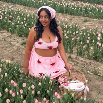 3D Güllü Pembe Örgü Crop ve Mini Etek Takım & Yazlık Bandana Seti