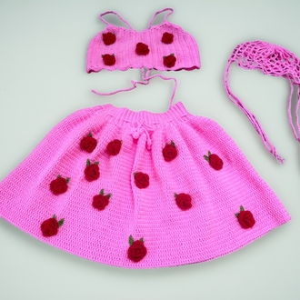 3D Güllü Pembe Örgü Crop ve Mini Etek Takım & File Yazlık Şapka Seti