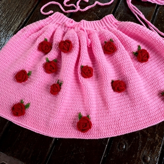 3D Güllü Pembe Örgü Crop ve Mini Etek Takım & File Yazlık Şapka Seti