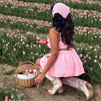 3D Güllü Pembe Örgü Crop ve Mini Etek Takım & Yazlık Bandana Seti