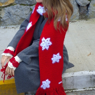 El Örgüsü Işıltılı Kar Taneli Oversize Atkı & Vintage Romantik Parmaksız Eldiven Takımı