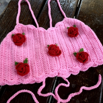 3D Güllü Pembe Örgü Crop ve Mini Etek Takım & File Yazlık Şapka Seti