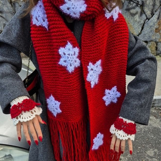 El Örgüsü Işıltılı Kar Taneli Oversize Atkı & Vintage Romantik Parmaksız Eldiven Takımı