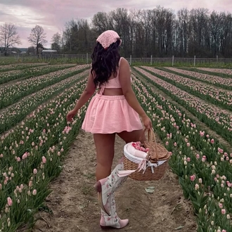 3D Güllü Pembe Örgü Crop ve Mini Etek Takım & Yazlık Bandana Seti