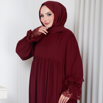 MEDİNE İPEĞİ KOLU DANTELLİ ELBİSE``BORDO