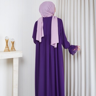 MEDİNE İPEĞİ KOLU DANTELLİ ELBİSE``MOR