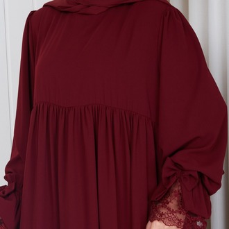 MEDİNE İPEĞİ KOLU DANTELLİ ELBİSE``BORDO