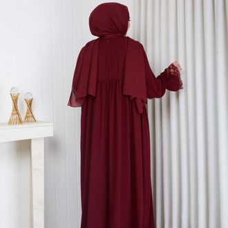 MEDİNE İPEĞİ KOLU DANTELLİ ELBİSE``BORDO