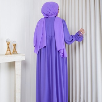 MEDİNE İPEĞİ KOLU DANTELLİ ELBİSE``LİLA