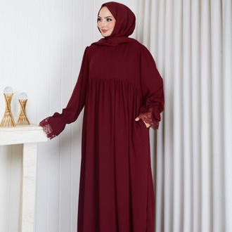MEDİNE İPEĞİ KOLU DANTELLİ ELBİSE``BORDO