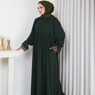 MEDİNE İPEĞİ KOLU DANTELİ ELBİSE``HAKİ
