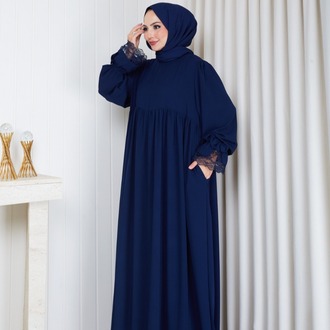 MEDİNE İPEĞİ KOLU DANTELLİ ELBİSE``LACİVERT