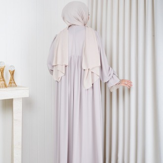 MEDİNE İPEĞİ KOLU DANTELLİ ELBİSE``BEJ