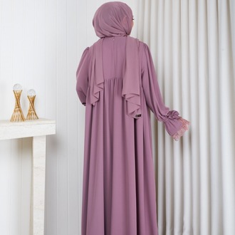 MEDİNE İPEĞİ KOLU DANTELLİ ELBİSE``GÜL KURUSU