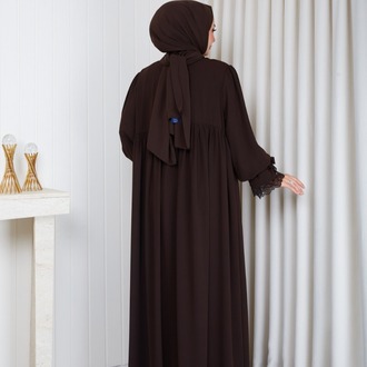MEDİNE İPEĞİ KOLU DANTELLİ ELBİSE``ACI KAHVE