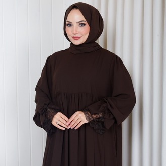 MEDİNE İPEĞİ KOLU DANTELLİ ELBİSE``ACI KAHVE