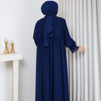 MEDİNE İPEĞİ KOLU DANTELLİ ELBİSE``LACİVERT