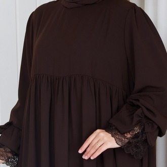 MEDİNE İPEĞİ KOLU DANTELLİ ELBİSE``ACI KAHVE